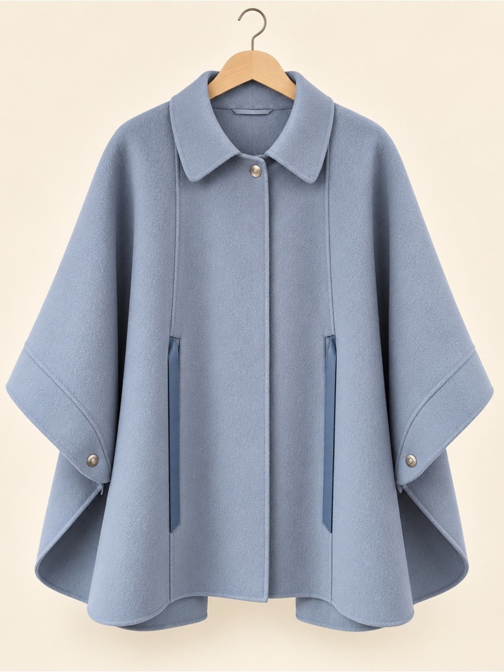 Loro Piana Powder Blue Cape Coat with Leather Trim 100% Cashmere